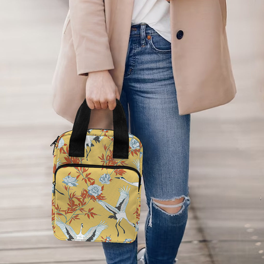 White Japanese Cranes Pattern Print Bible Tote Bag