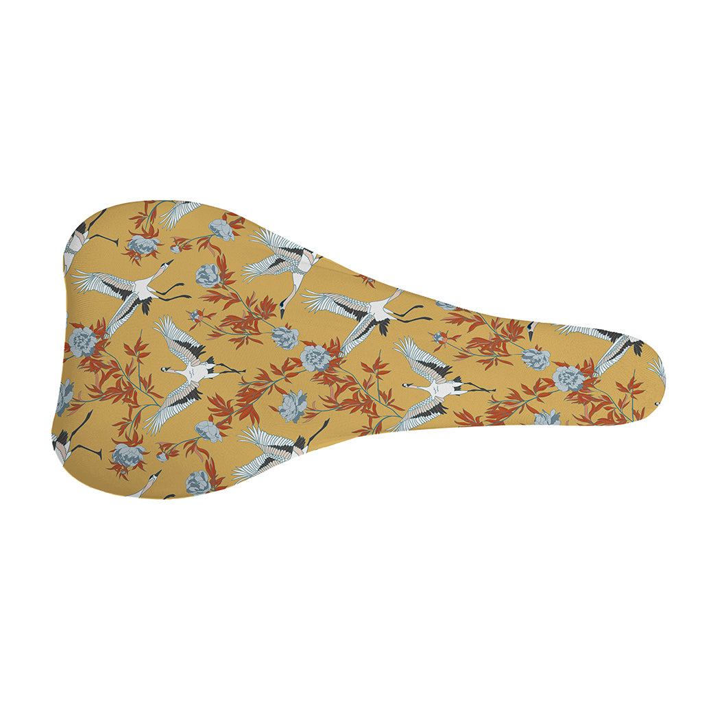 White Japanese Cranes Pattern Print Bicycle Seat Cover