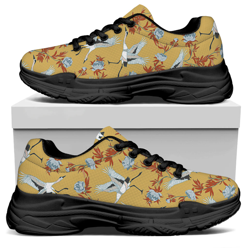 White Japanese Cranes Pattern Print Black Chunky Shoes