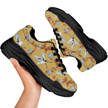 White Japanese Cranes Pattern Print Black Chunky Shoes