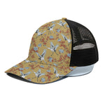 White Japanese Cranes Pattern Print Black Mesh Trucker Cap