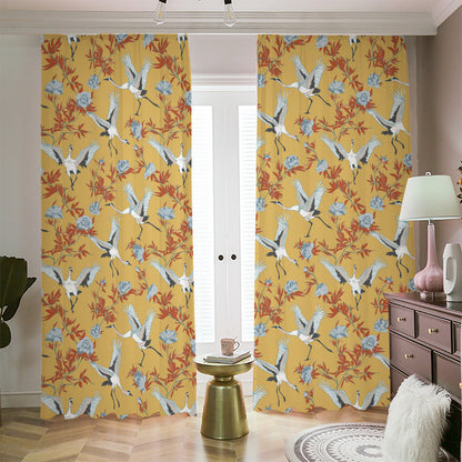 White Japanese Cranes Pattern Print Blackout Pencil Pleat Curtains
