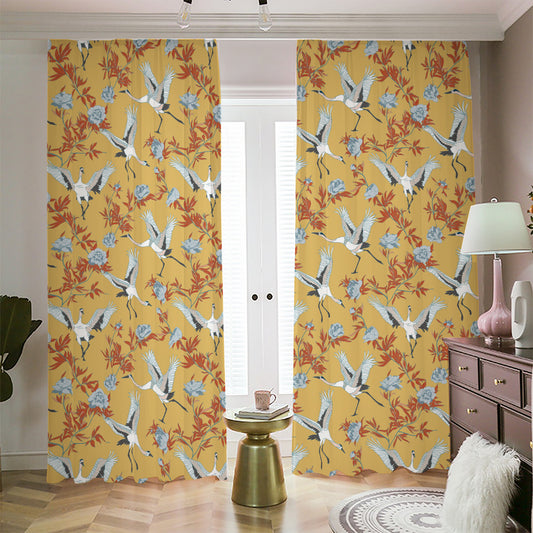 White Japanese Cranes Pattern Print Blackout Pencil Pleat Curtains