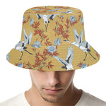 White Japanese Cranes Pattern Print Bucket Hat