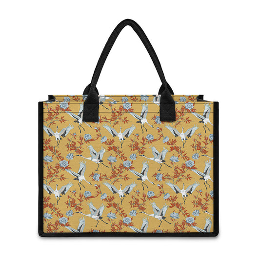White Japanese Cranes Pattern Print Canvas Tote Bag