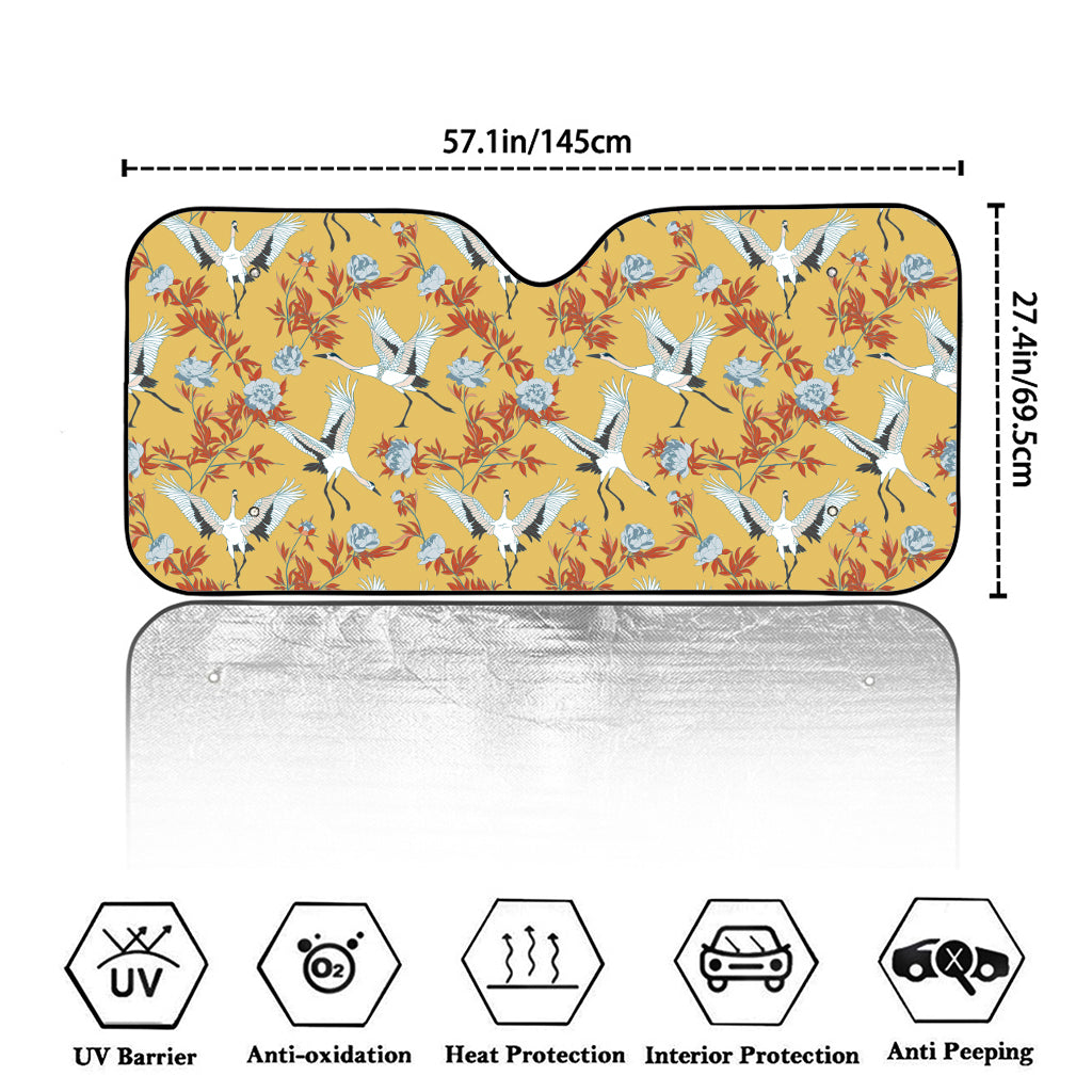 White Japanese Cranes Pattern Print Car Windshield Sun Shade