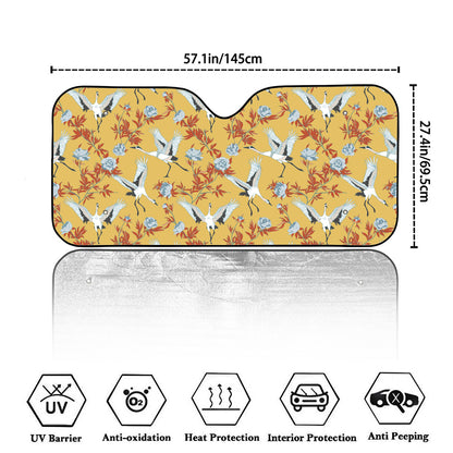 White Japanese Cranes Pattern Print Car Windshield Sun Shade