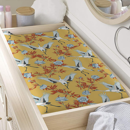 White Japanese Cranes Pattern Print Changing Pad Cover