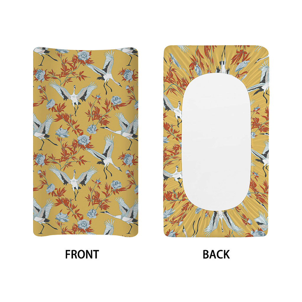 White Japanese Cranes Pattern Print Changing Pad Cover