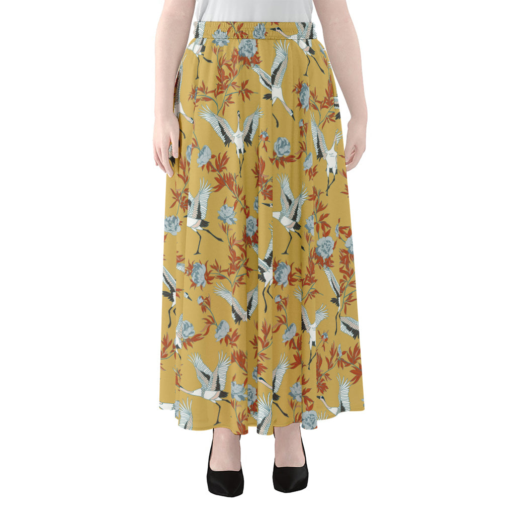 White Japanese Cranes Pattern Print Chiffon Maxi Skirt