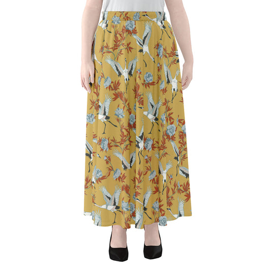 White Japanese Cranes Pattern Print Chiffon Maxi Skirt