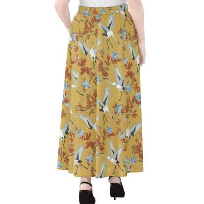 White Japanese Cranes Pattern Print Chiffon Maxi Skirt