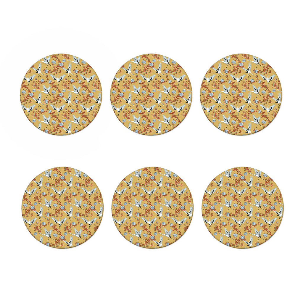 White Japanese Cranes Pattern Print Coaster Set