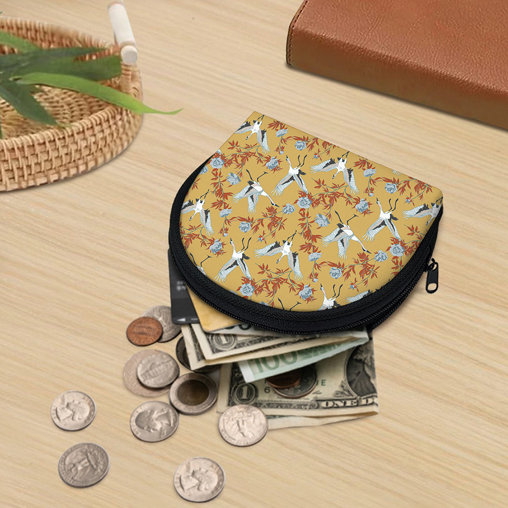 White Japanese Cranes Pattern Print Coin Purse