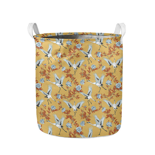 White Japanese Cranes Pattern Print Collapsible Laundry Basket
