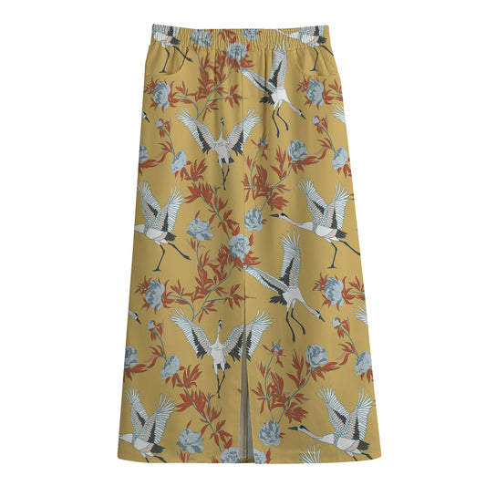 White Japanese Cranes Pattern Print Cotton Front Slit Maxi Skirt