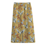 White Japanese Cranes Pattern Print Cotton Front Slit Maxi Skirt