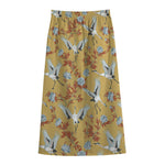 White Japanese Cranes Pattern Print Cotton Front Slit Maxi Skirt