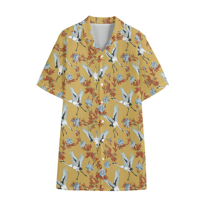 White Japanese Cranes Pattern Print Cotton Hawaiian Shirt