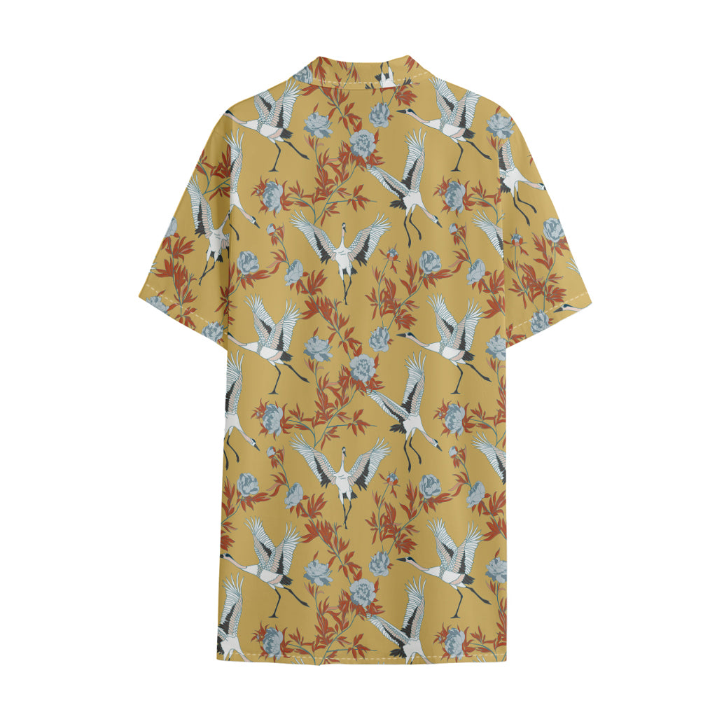 White Japanese Cranes Pattern Print Cotton Hawaiian Shirt