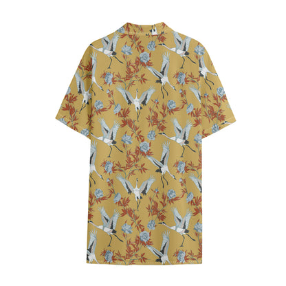 White Japanese Cranes Pattern Print Cotton Hawaiian Shirt
