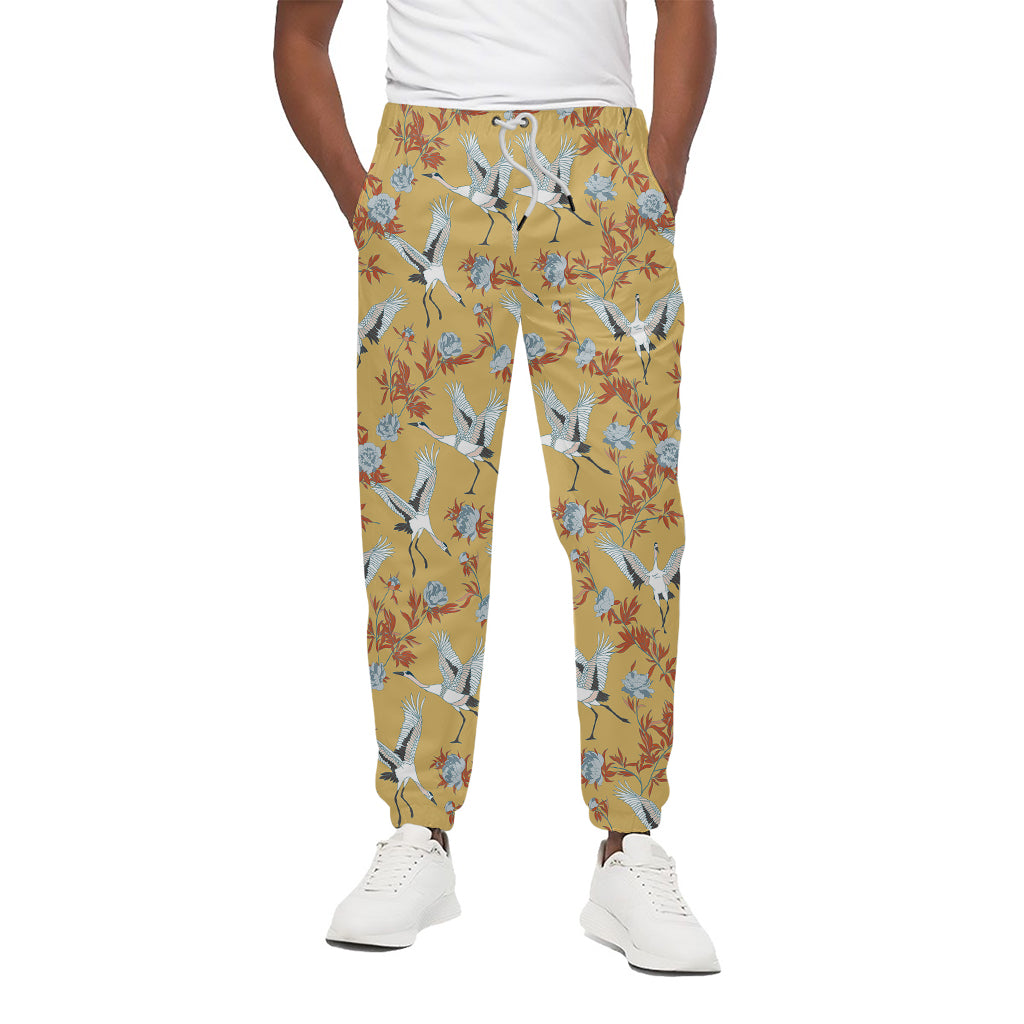 White Japanese Cranes Pattern Print Cotton Pants