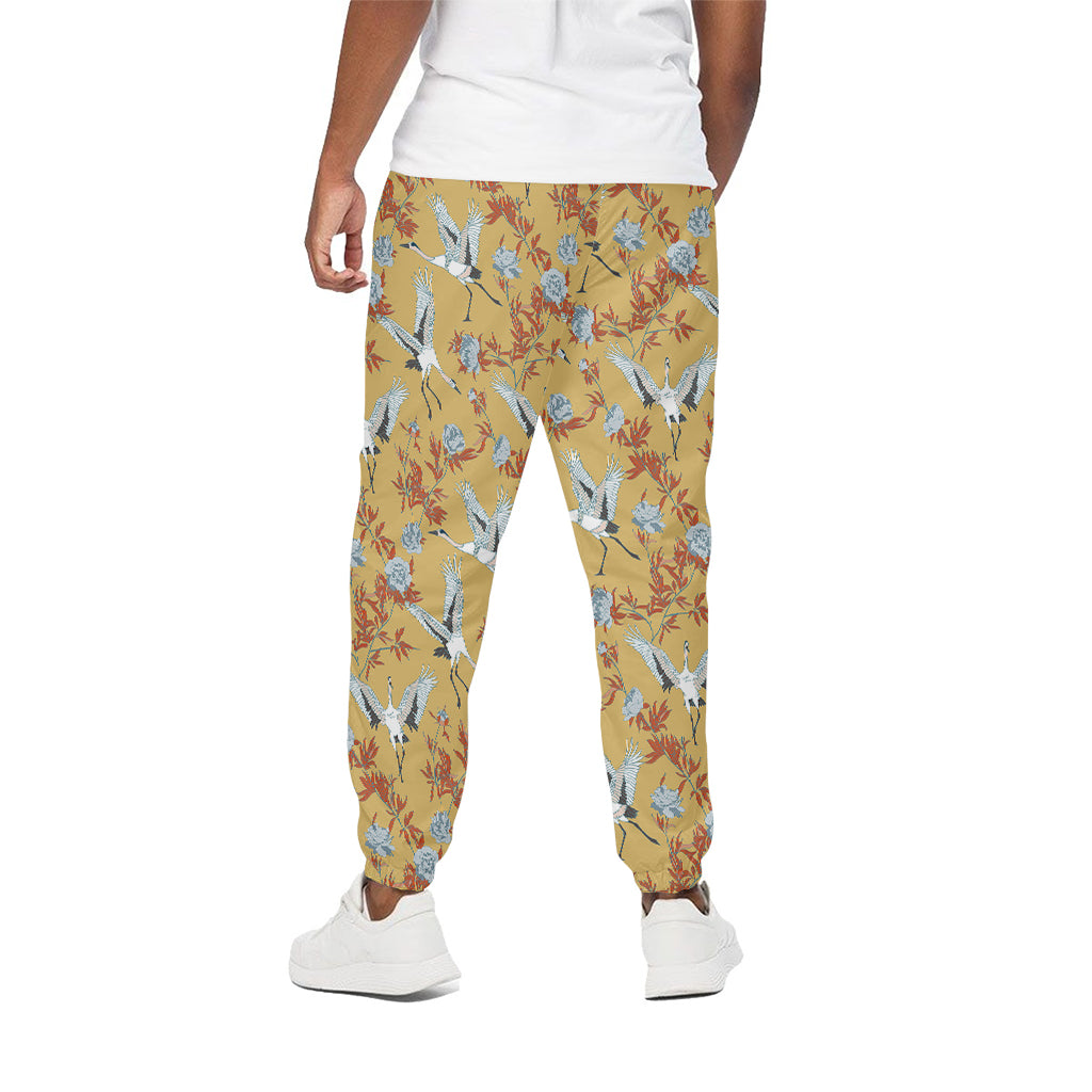 White Japanese Cranes Pattern Print Cotton Pants