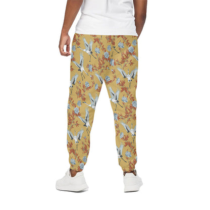 White Japanese Cranes Pattern Print Cotton Pants