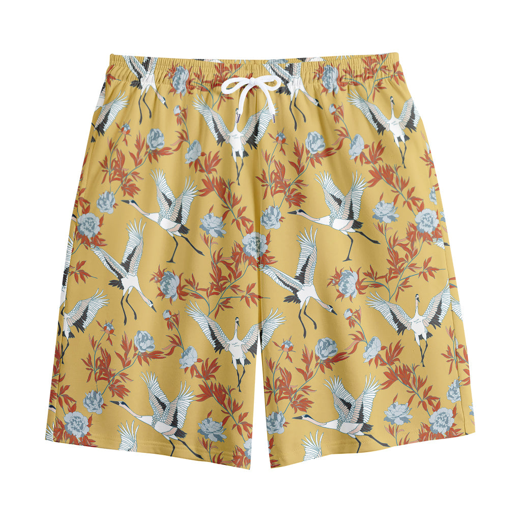 White Japanese Cranes Pattern Print Cotton Shorts