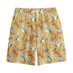 White Japanese Cranes Pattern Print Cotton Shorts