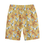 White Japanese Cranes Pattern Print Cotton Shorts