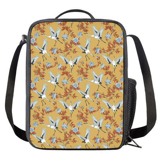 White Japanese Cranes Pattern Print Crossbody Lunch Bag