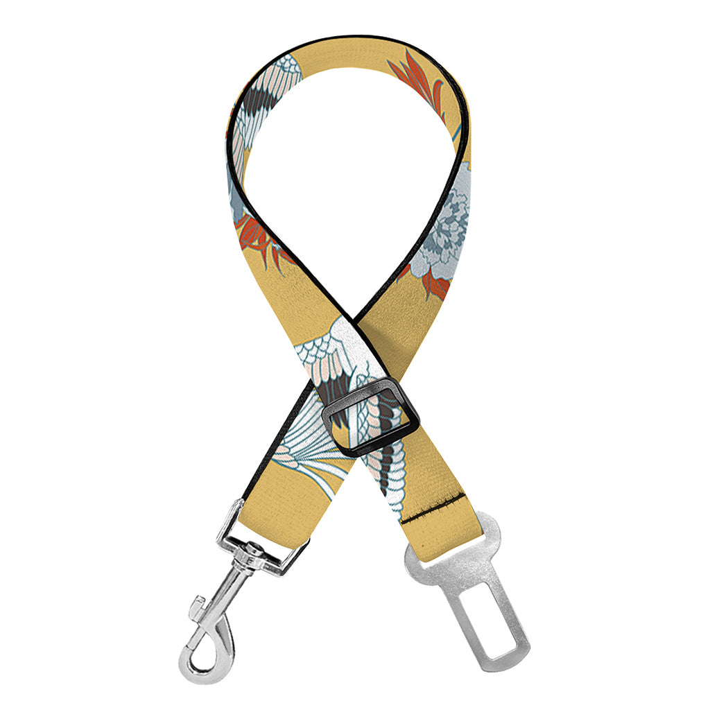 White Japanese Cranes Pattern Print Dog Seat Belt