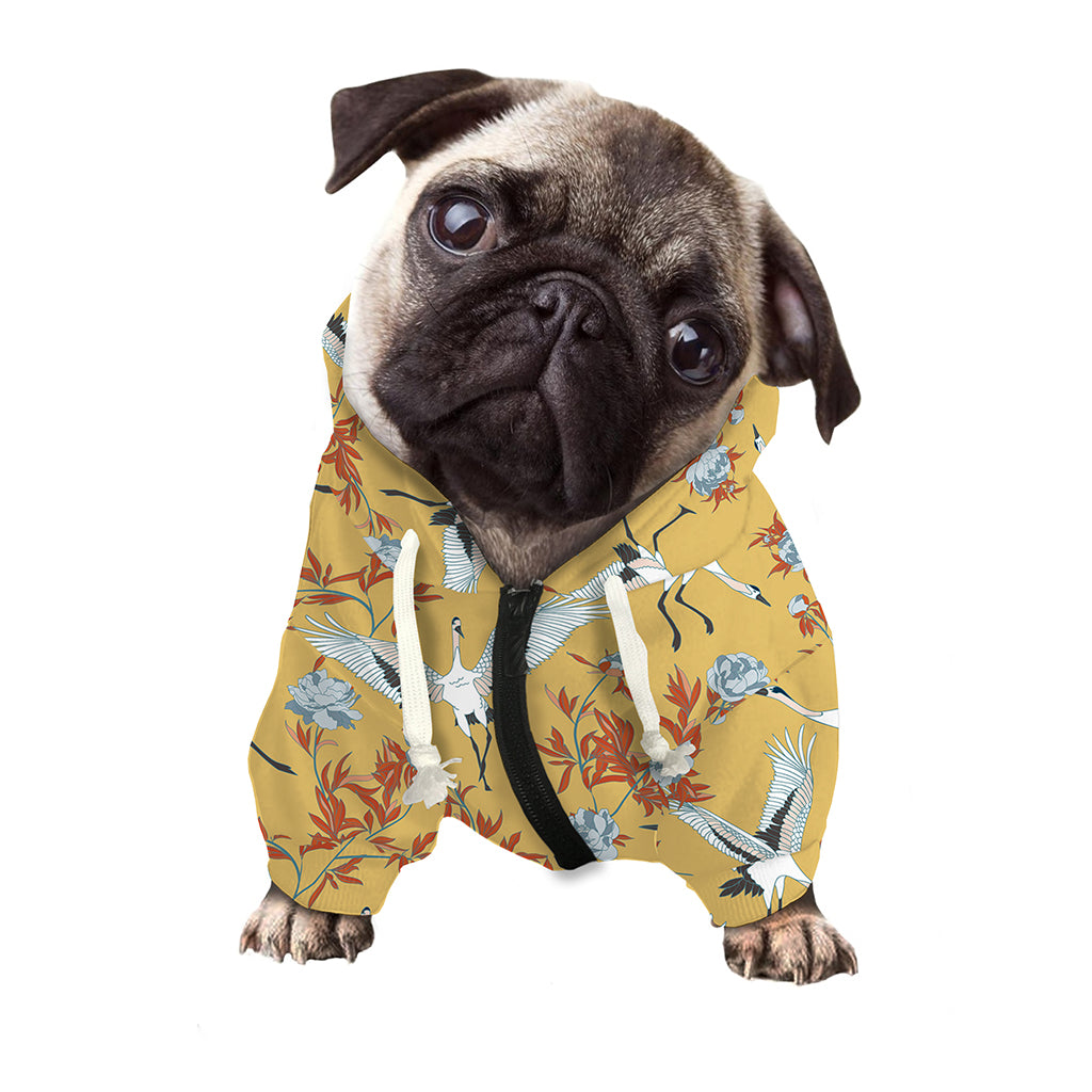 White Japanese Cranes Pattern Print Dog Zip Up Hoodie