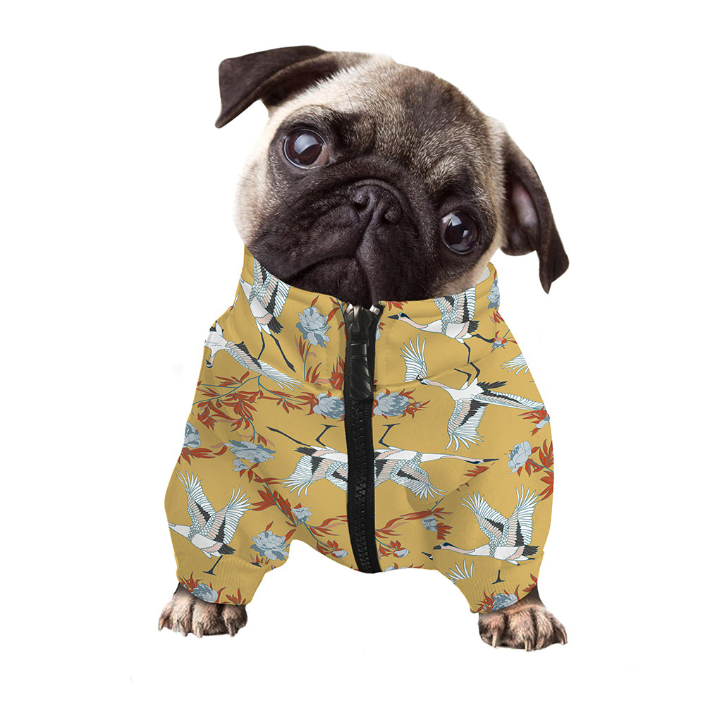 White Japanese Cranes Pattern Print Dog Zip Up Jacket