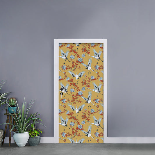 White Japanese Cranes Pattern Print Door Sticker