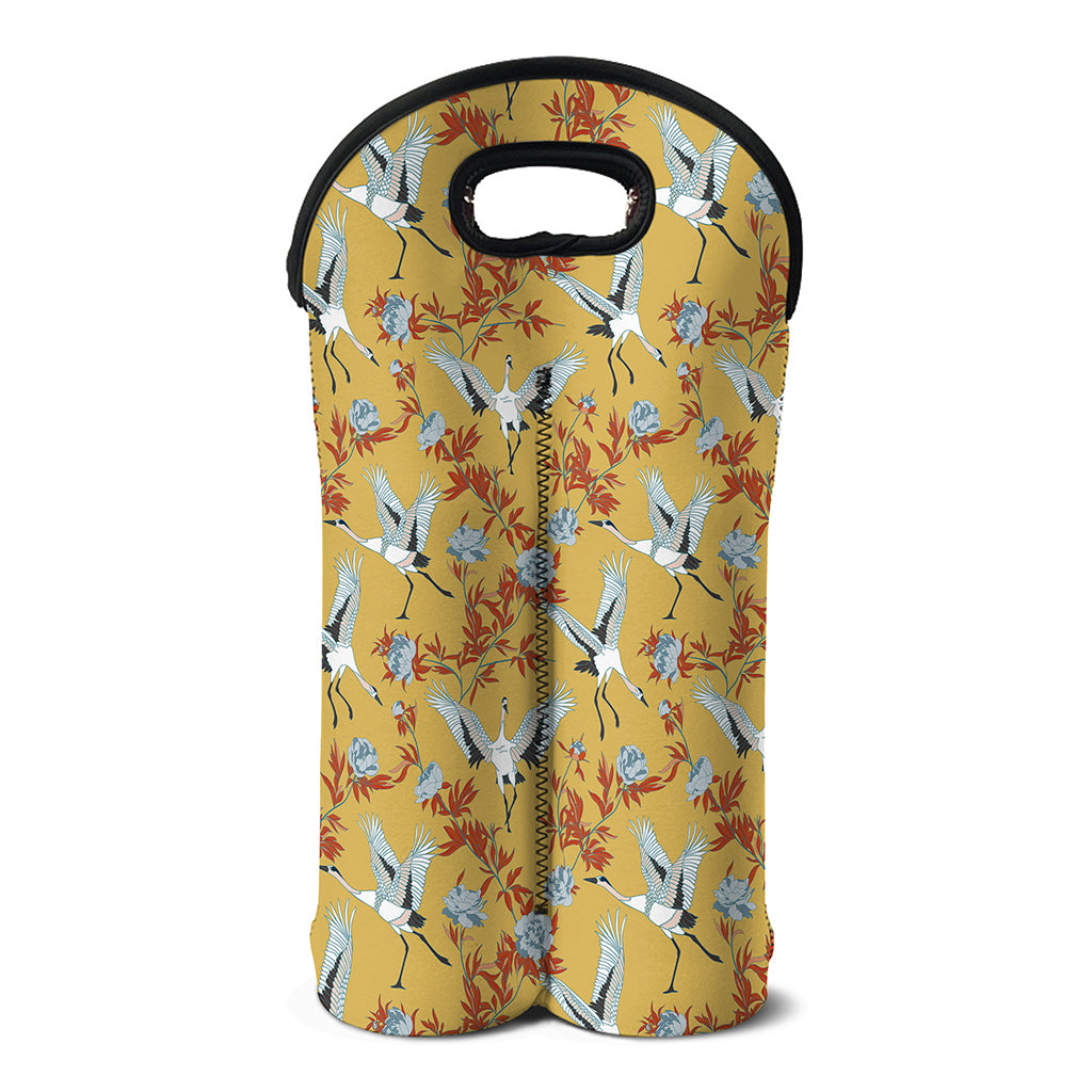 White Japanese Cranes Pattern Print Double Neoprene Wine Tote