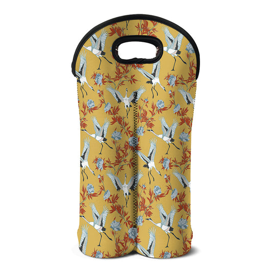 White Japanese Cranes Pattern Print Double Neoprene Wine Tote