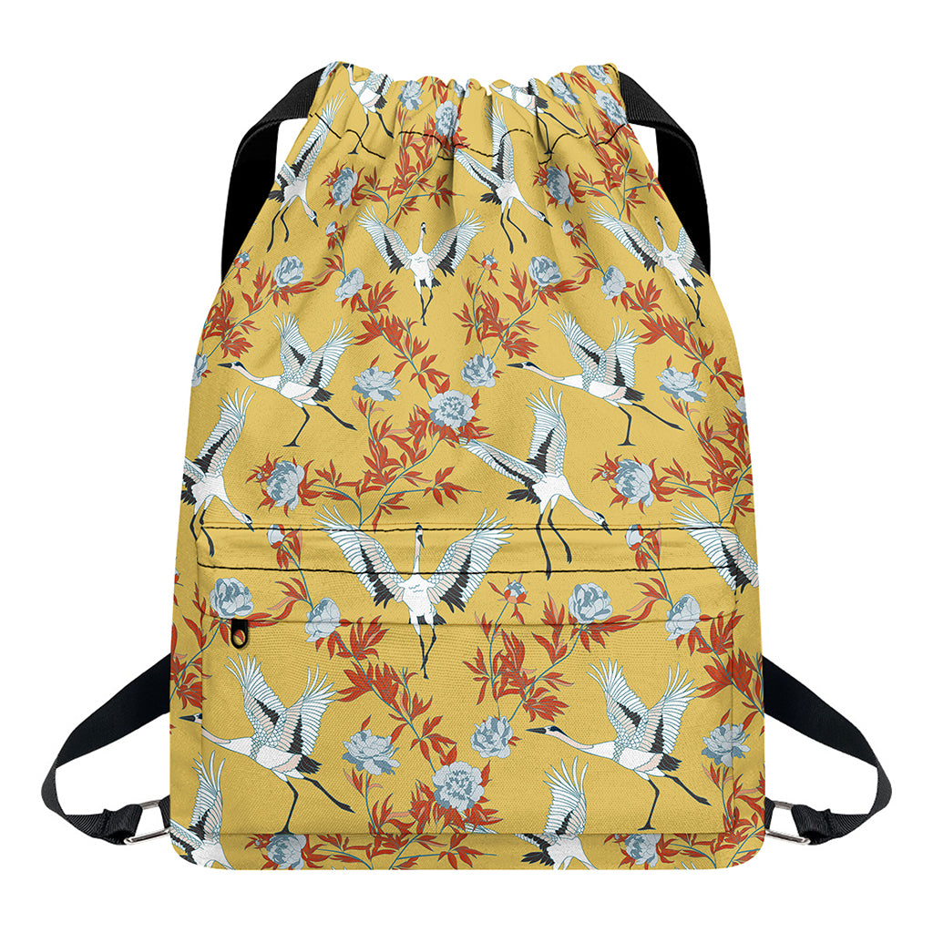 White Japanese Cranes Pattern Print Drawstring Backpack