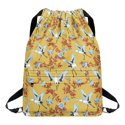 White Japanese Cranes Pattern Print Drawstring Backpack