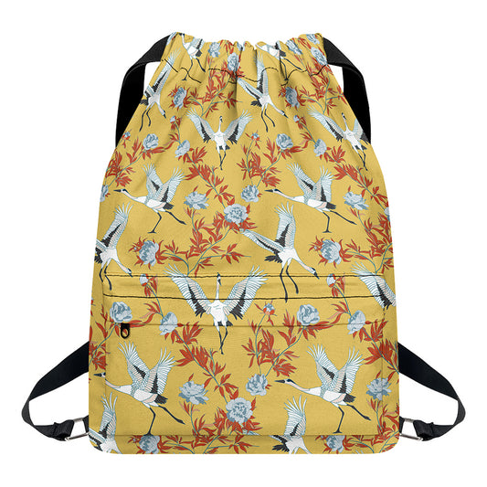 White Japanese Cranes Pattern Print Drawstring Backpack