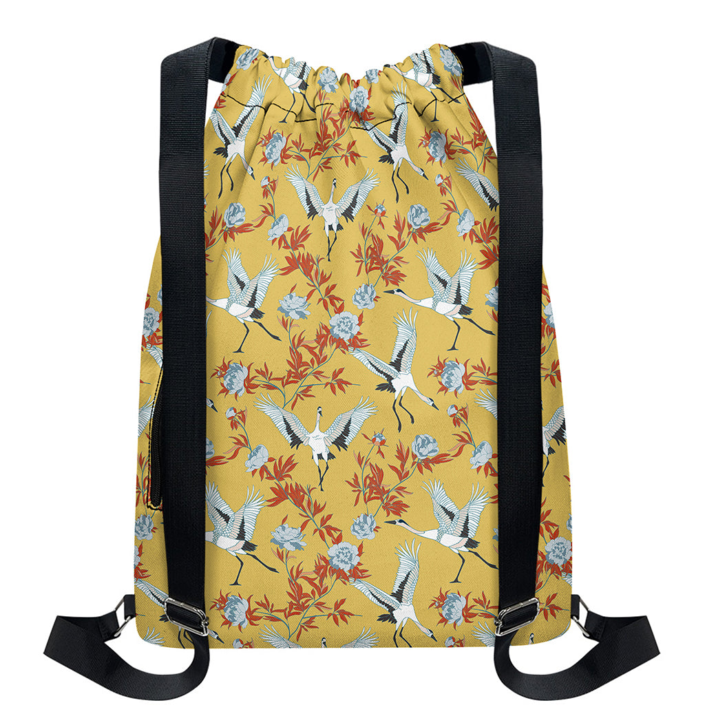 White Japanese Cranes Pattern Print Drawstring Backpack