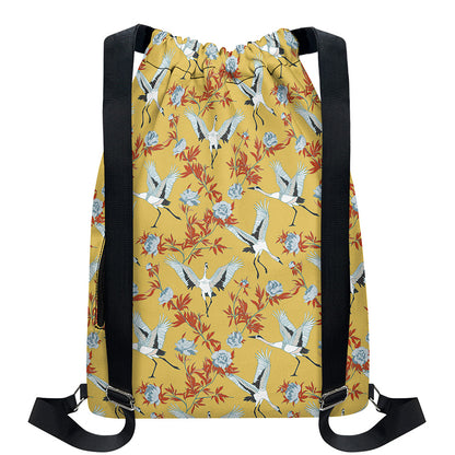 White Japanese Cranes Pattern Print Drawstring Backpack