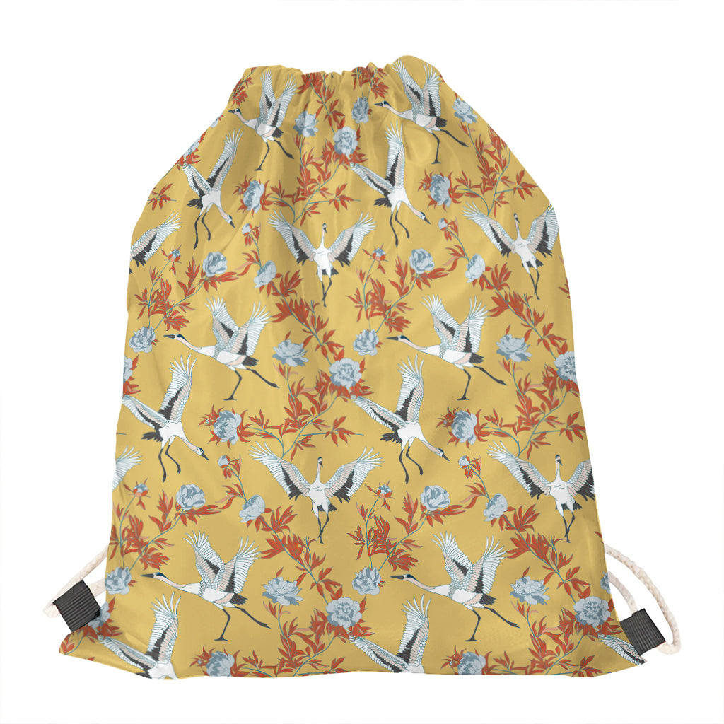 White Japanese Cranes Pattern Print Drawstring Bag