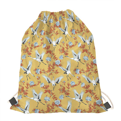 White Japanese Cranes Pattern Print Drawstring Bag