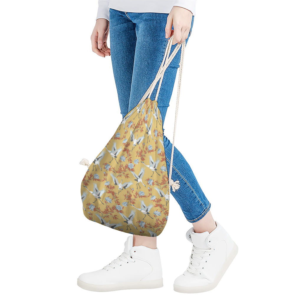 White Japanese Cranes Pattern Print Drawstring Bag