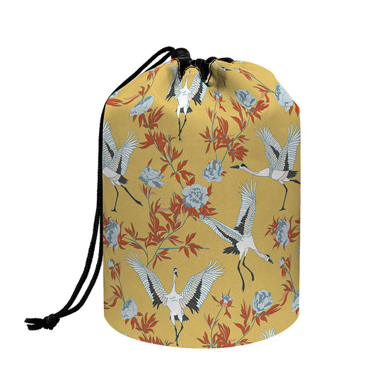 White Japanese Cranes Pattern Print Drawstring Makeup Bag