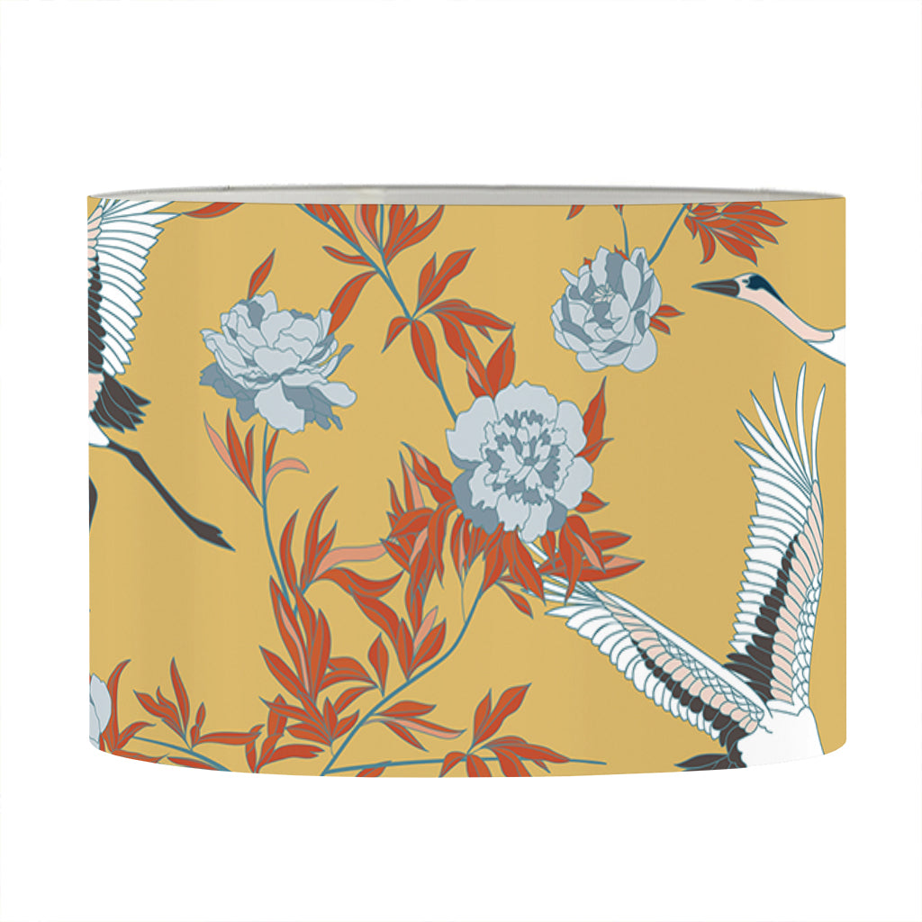 White Japanese Cranes Pattern Print Drum Lamp Shade