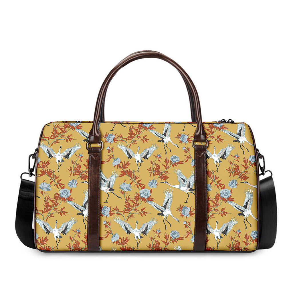 White Japanese Cranes Pattern Print Duffle Bag