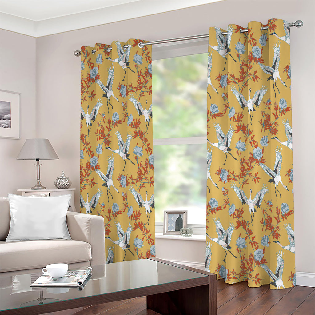 White Japanese Cranes Pattern Print Extra Wide Grommet Curtains